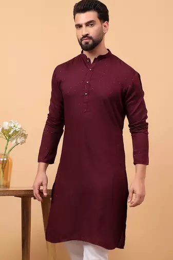 Maroon sequins work rayon men kurta