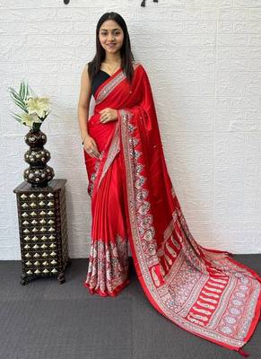 Red Color Mirror Work  Satin Saree 1