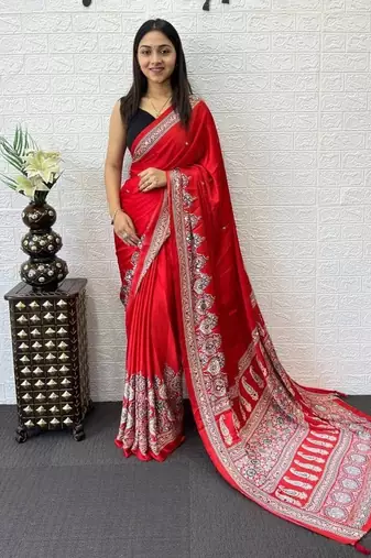 Red Color Mirror Work  Satin Saree