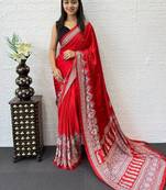 Red Color Mirror Work  Satin Saree