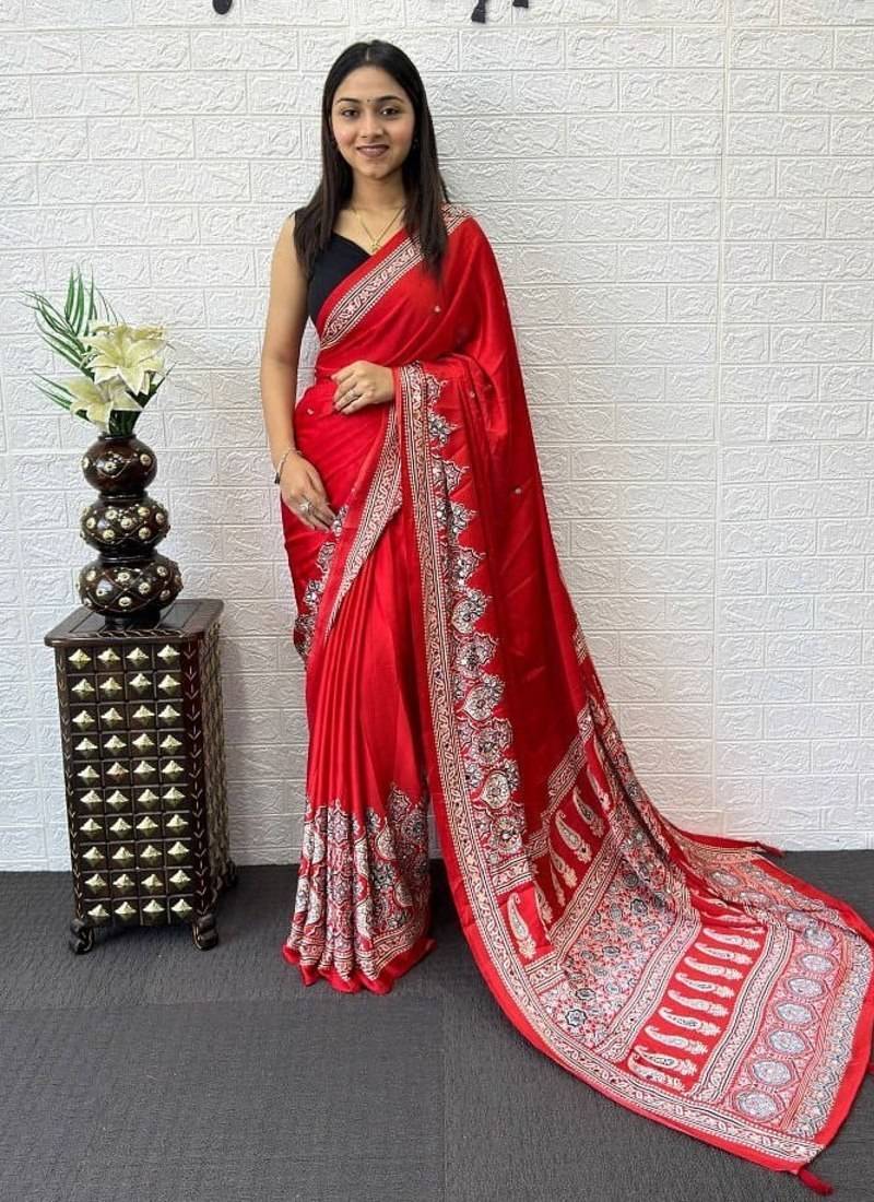 Red Color Mirror Work  Satin Saree