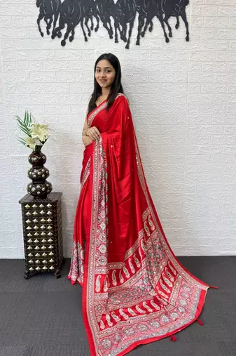 Red Color Mirror Work  Satin Saree