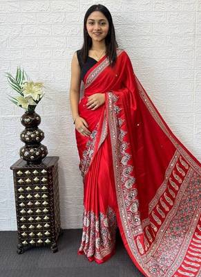 Red Color Mirror Work  Satin Saree 3