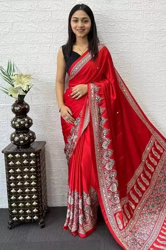 Red Color Mirror Work  Satin Saree