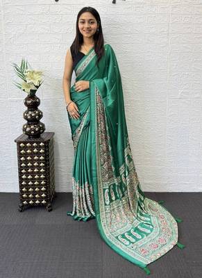 Teal Color Mirror Work  Satin Saree 1