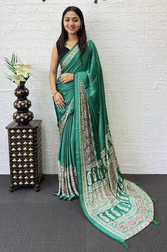 Teal Color Mirror Work  Satin Saree
