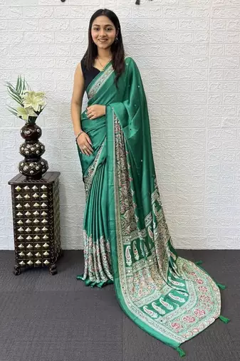 Teal Color Mirror Work  Satin Saree