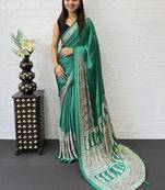 Teal Color Mirror Work  Satin Saree