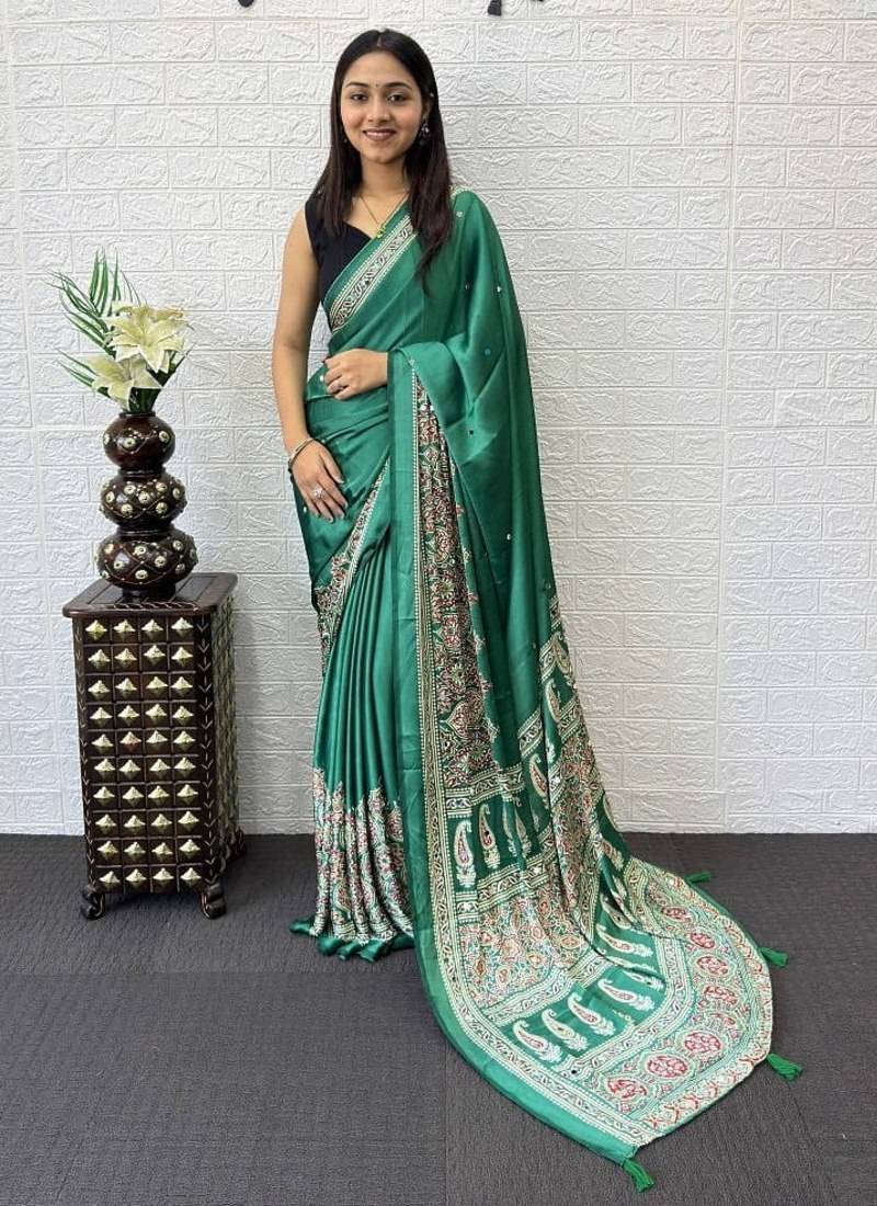 Teal Color Mirror Work  Satin Saree