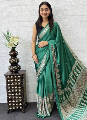 Teal Color Mirror Work  Satin Saree 2