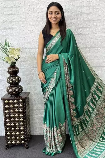 Teal Color Mirror Work  Satin Saree