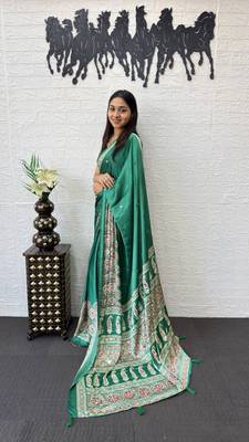 Teal Color Mirror Work  Satin Saree 3