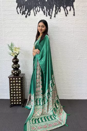 Teal Color Mirror Work  Satin Saree