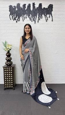 Black Color eal Mirror Hand Work with Mal Cotton Saree 1