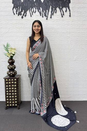 Black Color eal Mirror Hand Work with Mal Cotton Saree