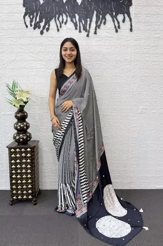 Black Color eal Mirror Hand Work with Mal Cotton Saree