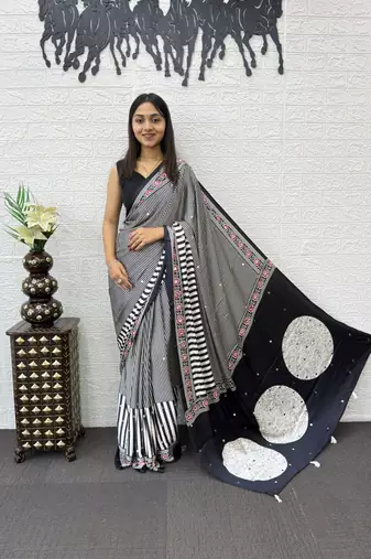 Black Color eal Mirror Hand Work with Mal Cotton Saree
