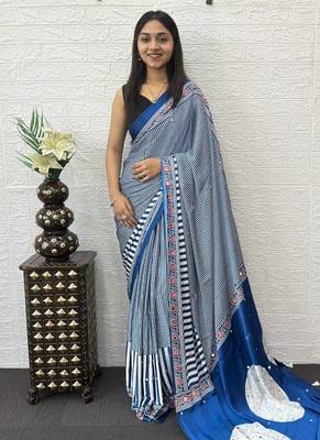 Blue Color eal Mirror Hand Work with Mal Cotton Saree 1