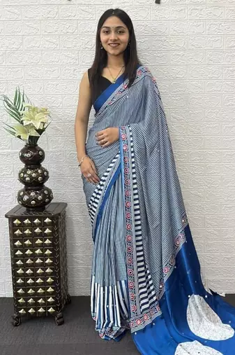 Blue Color eal Mirror Hand Work with Mal Cotton Saree