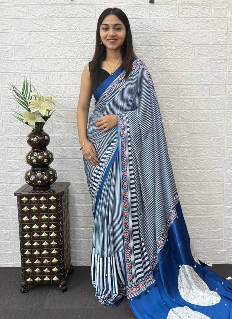 Blue Color eal Mirror Hand Work with Mal Cotton Saree