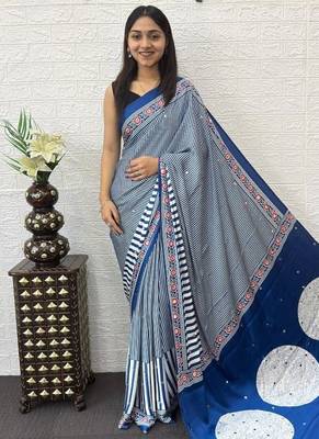 Blue Color eal Mirror Hand Work with Mal Cotton Saree 2