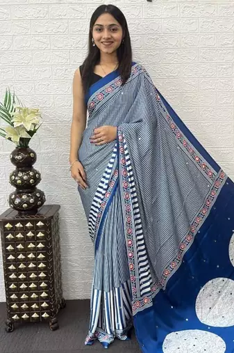 Blue Color eal Mirror Hand Work with Mal Cotton Saree