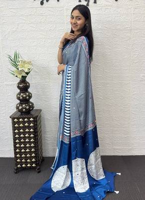 Blue Color eal Mirror Hand Work with Mal Cotton Saree 3