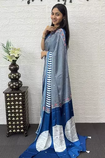 Blue Color eal Mirror Hand Work with Mal Cotton Saree