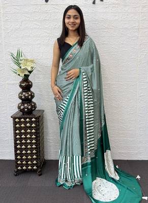 Green Color eal Mirror Hand Work with Mal Cotton Saree 1