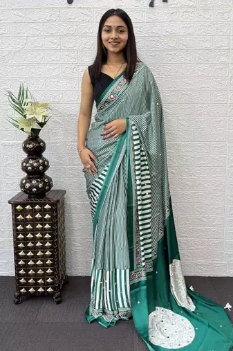 Green Color eal Mirror Hand Work with Mal Cotton Saree