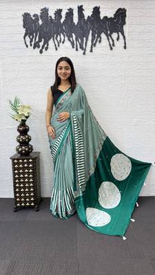 Green Color eal Mirror Hand Work with Mal Cotton Saree 2