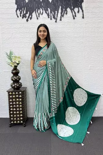 Green Color eal Mirror Hand Work with Mal Cotton Saree