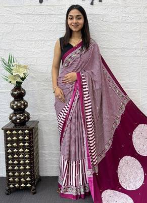 Pink Color eal Mirror Hand Work with Mal Cotton Saree 2