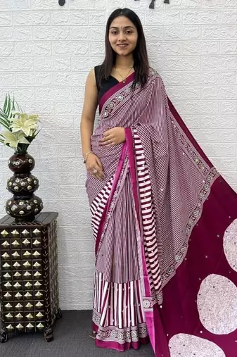 Pink Color eal Mirror Hand Work with Mal Cotton Saree