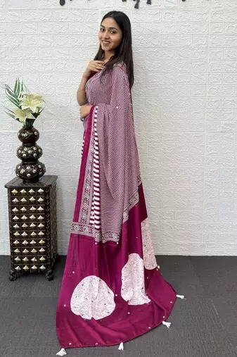 Pink Color eal Mirror Hand Work with Mal Cotton Saree