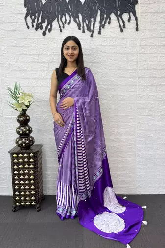 Purple Color eal Mirror Hand Work with Mal Cotton Saree