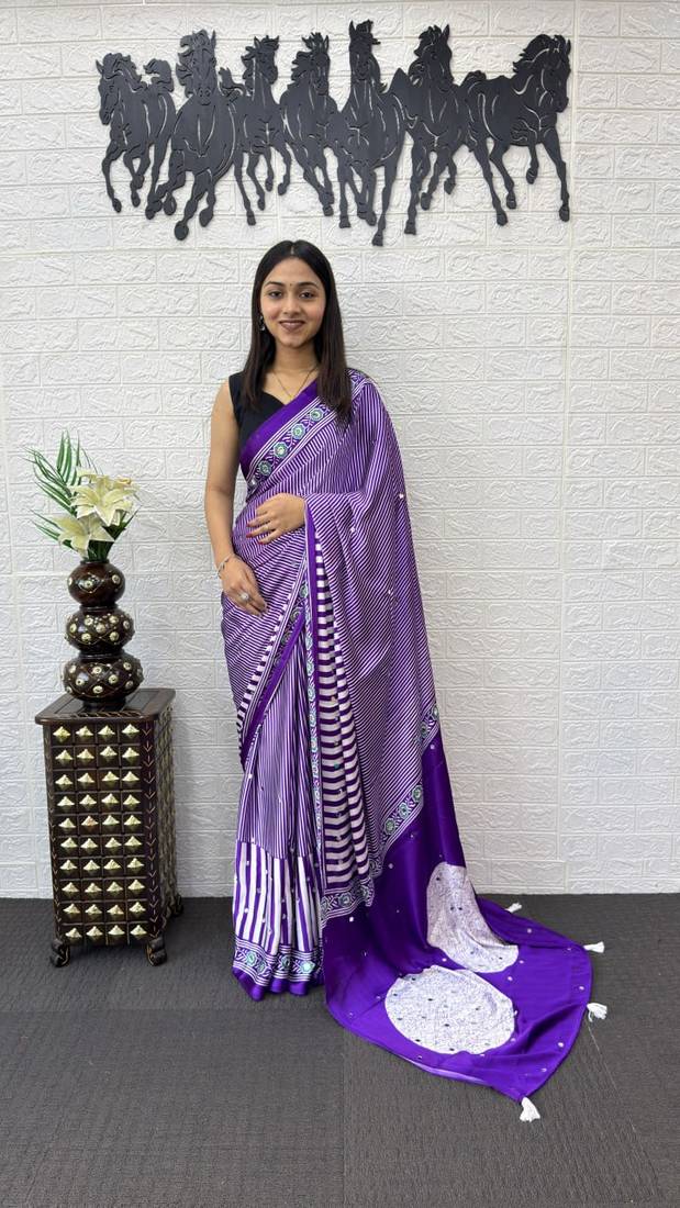 Purple Color eal Mirror Hand Work with Mal Cotton Saree