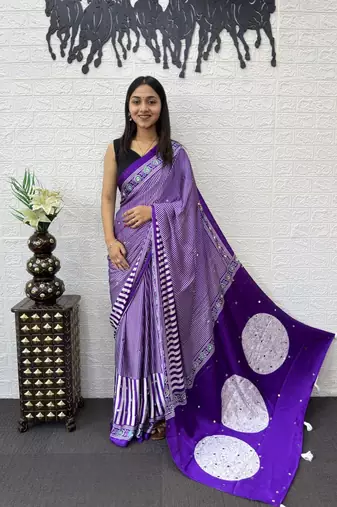Purple Color eal Mirror Hand Work with Mal Cotton Saree
