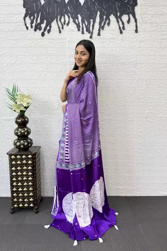 Purple Color eal Mirror Hand Work with Mal Cotton Saree