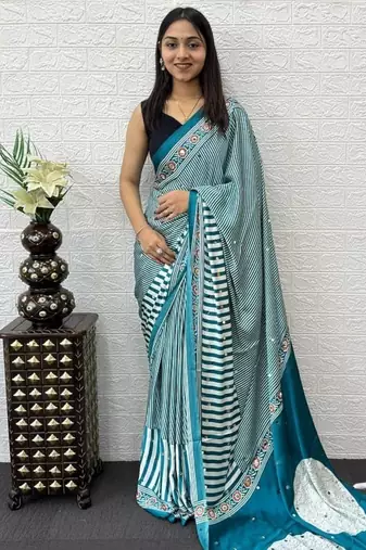 Teal Color eal Mirror Hand Work with Mal Cotton Saree