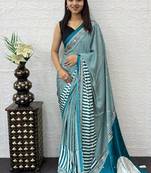 Teal Color eal Mirror Hand Work with Mal Cotton Saree