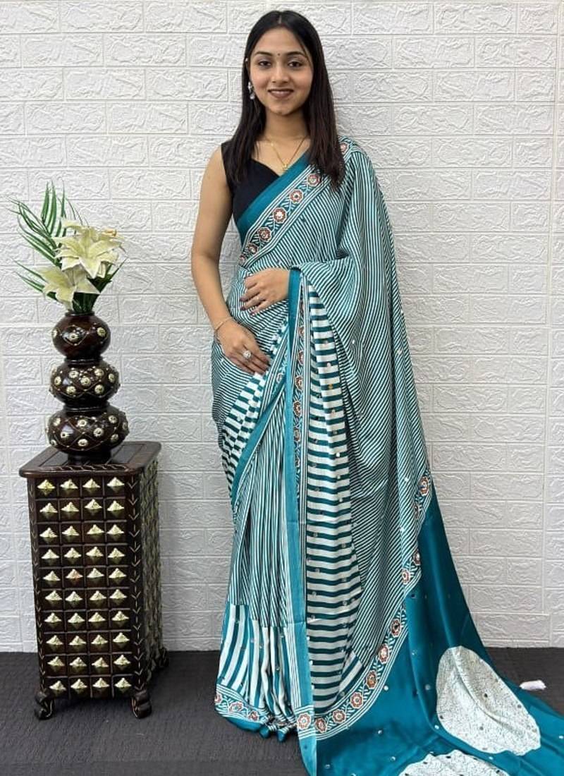 Teal Color eal Mirror Hand Work with Mal Cotton Saree