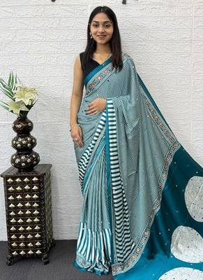 Teal Color eal Mirror Hand Work with Mal Cotton Saree 2