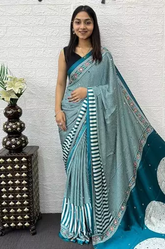 Teal Color eal Mirror Hand Work with Mal Cotton Saree