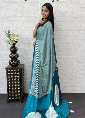 Teal Color eal Mirror Hand Work with Mal Cotton Saree 3