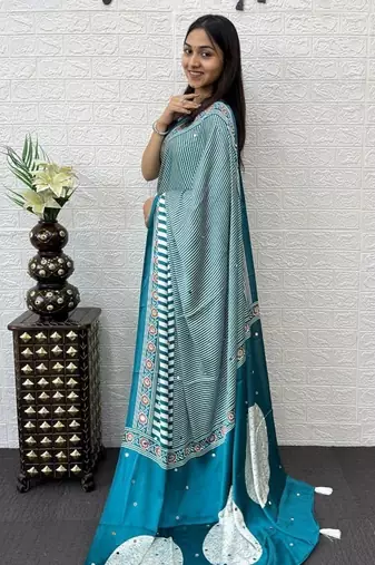Teal Color eal Mirror Hand Work with Mal Cotton Saree