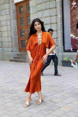 Rust orange embroidered satin silk kaftan 2