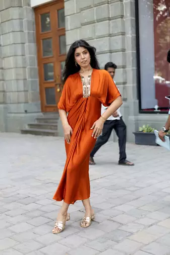 Rust orange embroidered satin silk kaftan