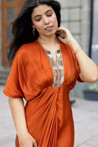 Rust orange embroidered satin silk kaftan