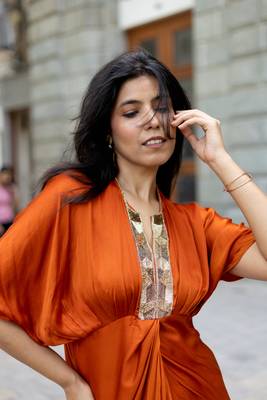 Rust orange embroidered satin silk kaftan 5